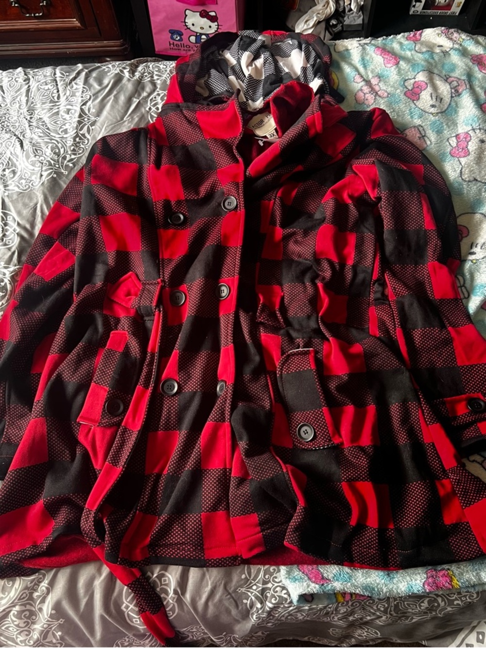 Red and Black Buffalo Plaid Hooded Peacoat